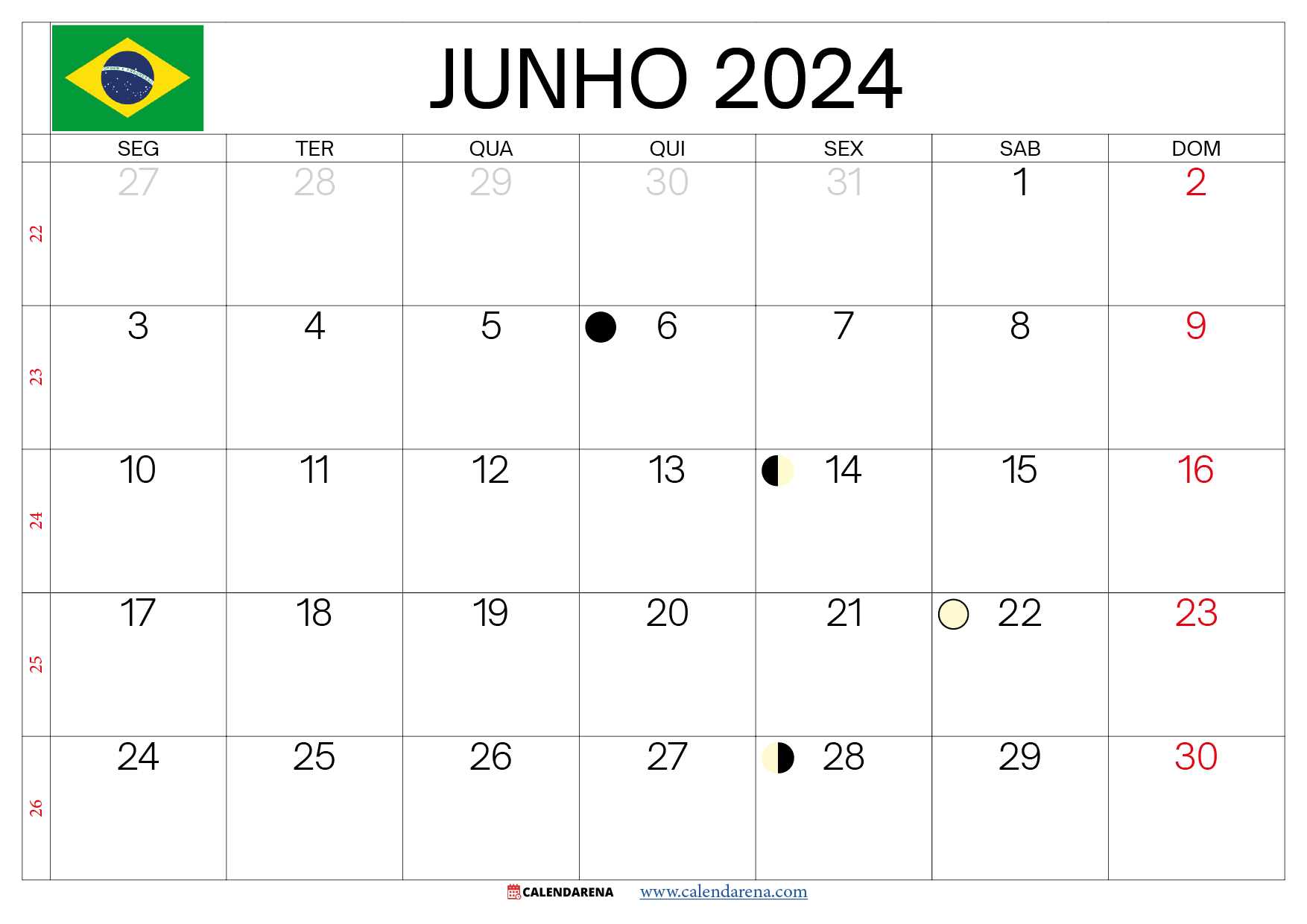 Calendario Junho 2024 Brasil