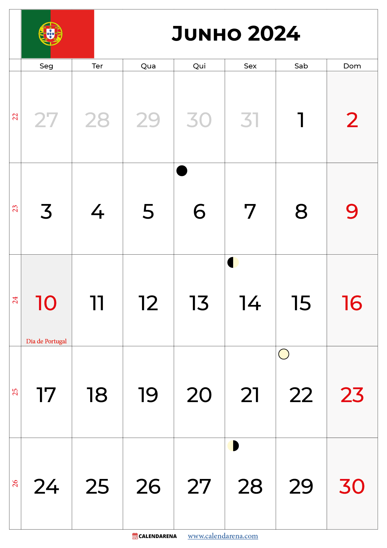 Calendário Junho 2024 Portugal