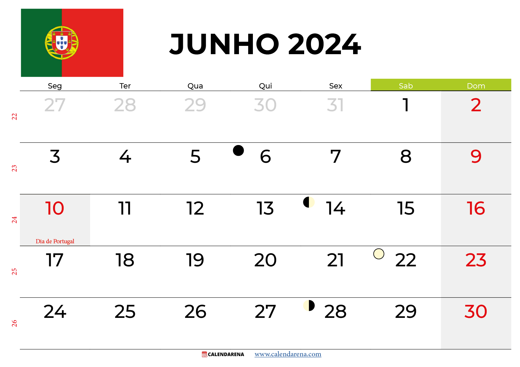 Calendario Junho 2024 Portugal