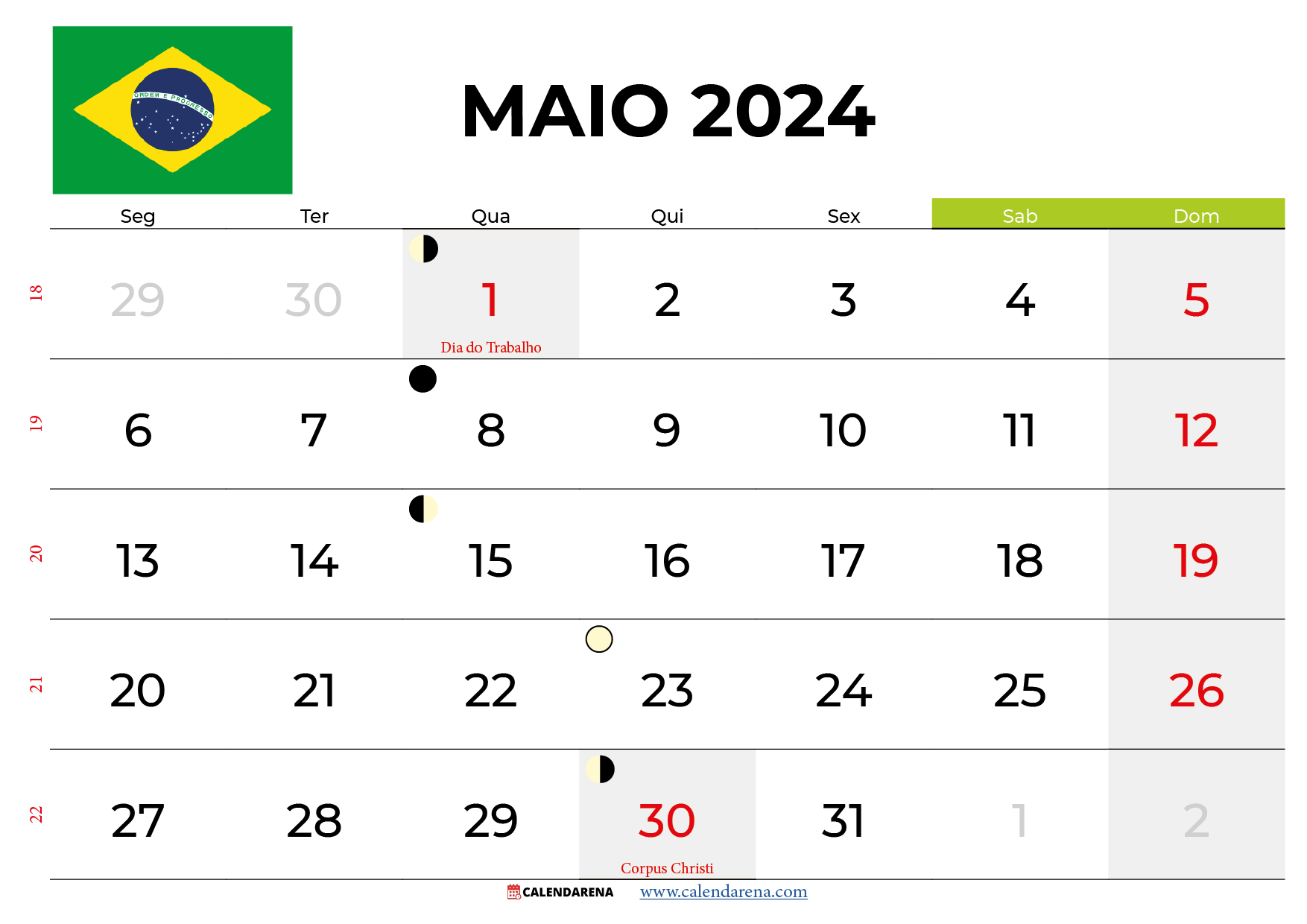 Calendário Maio 2024 Brasil