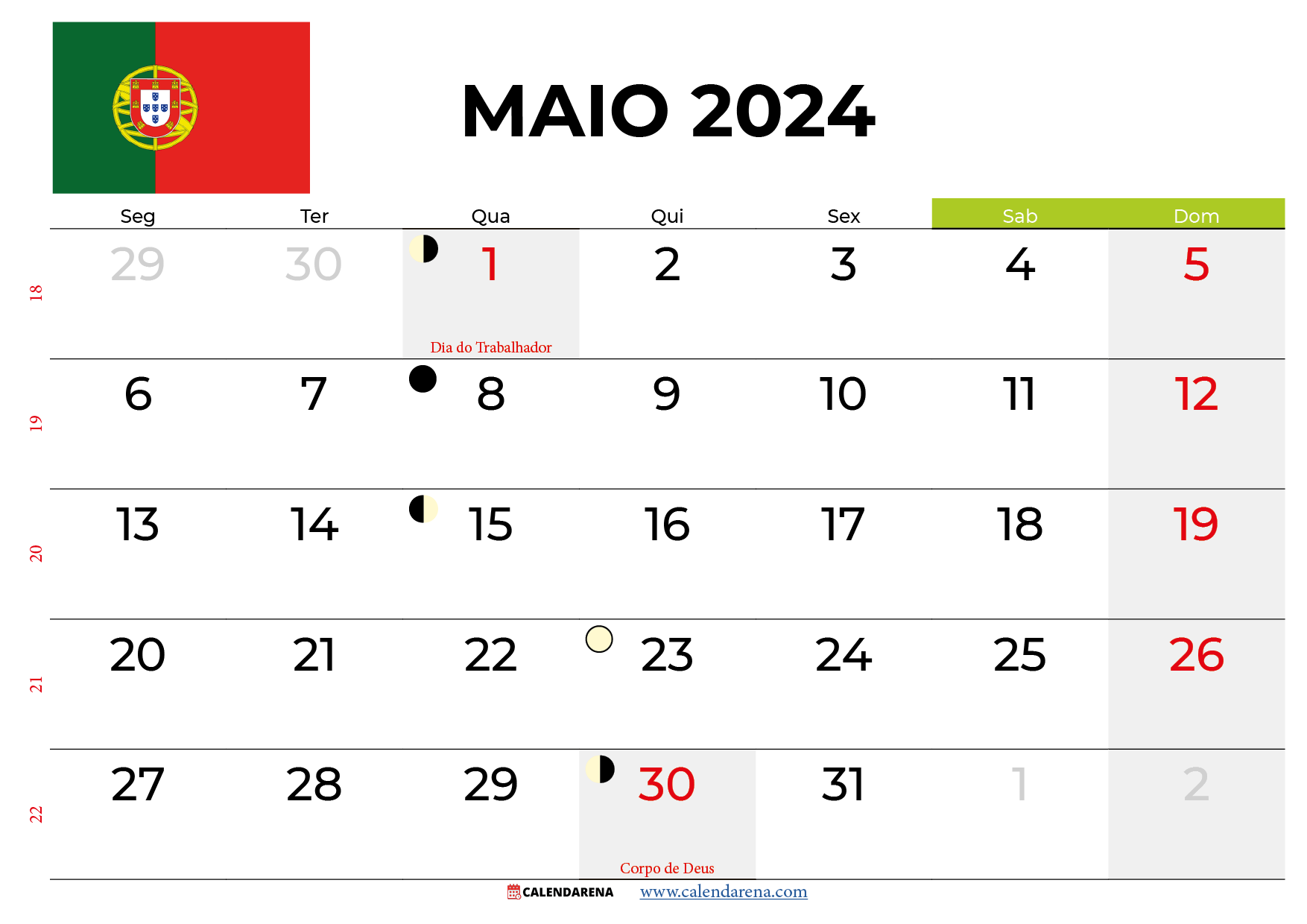Calendário Maio 2024 Portugal