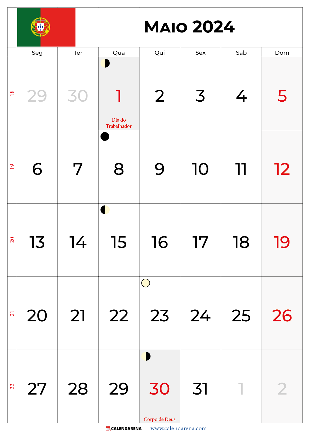 Calendario Maio 2024 Portugal