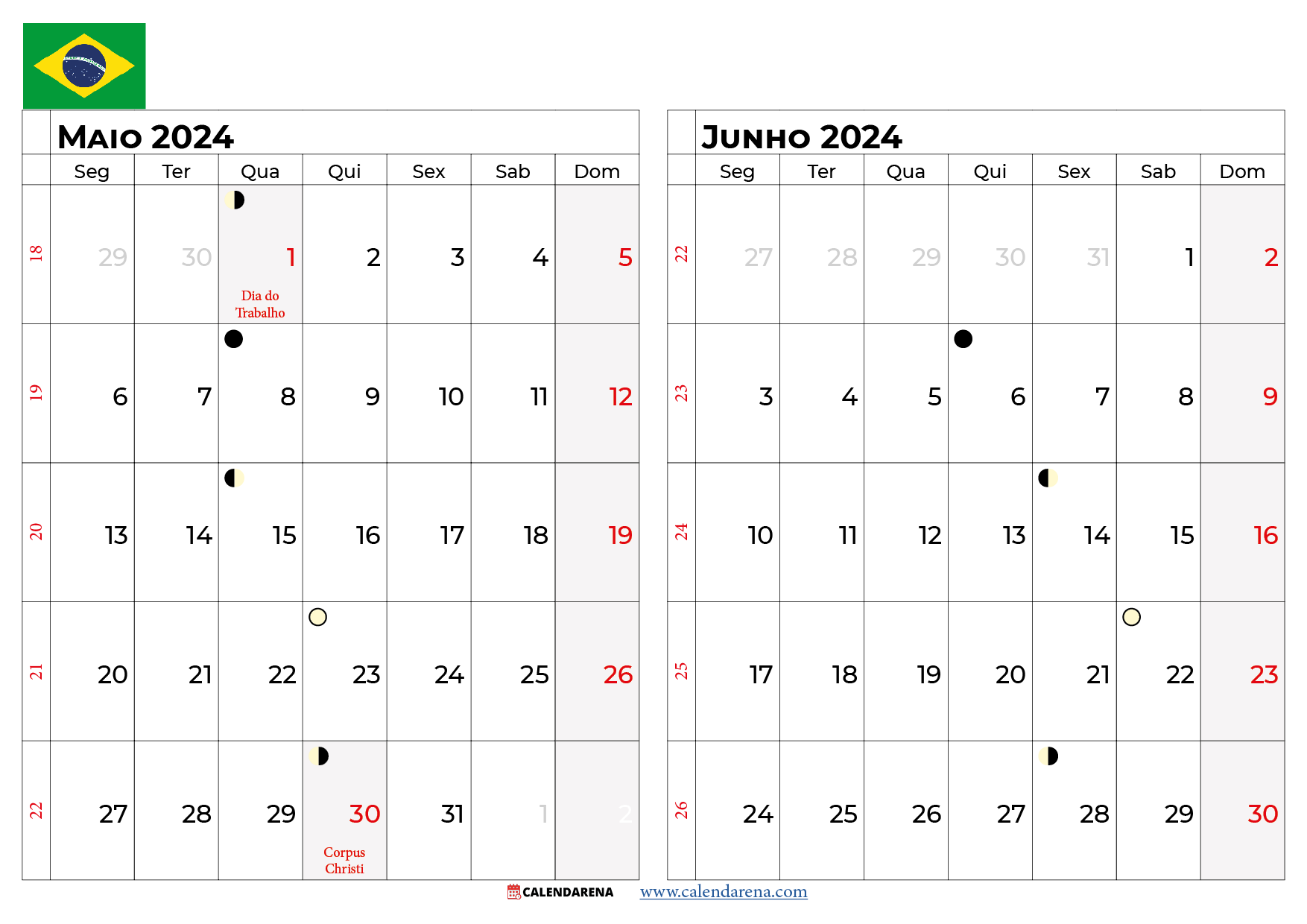 Calendario Maio junho 2024 Brasil