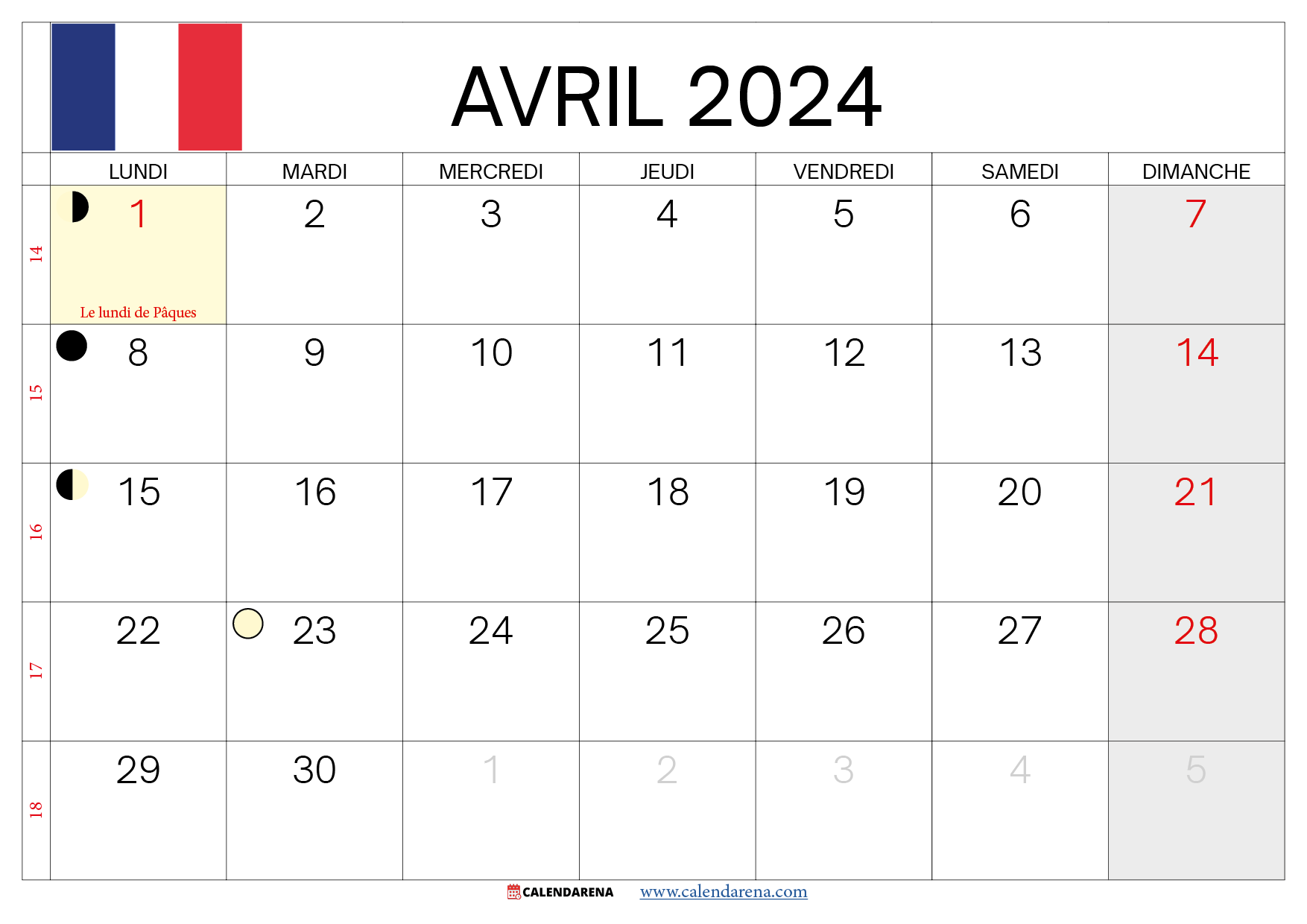 Calendrier Avril 2024 À Imprimer France