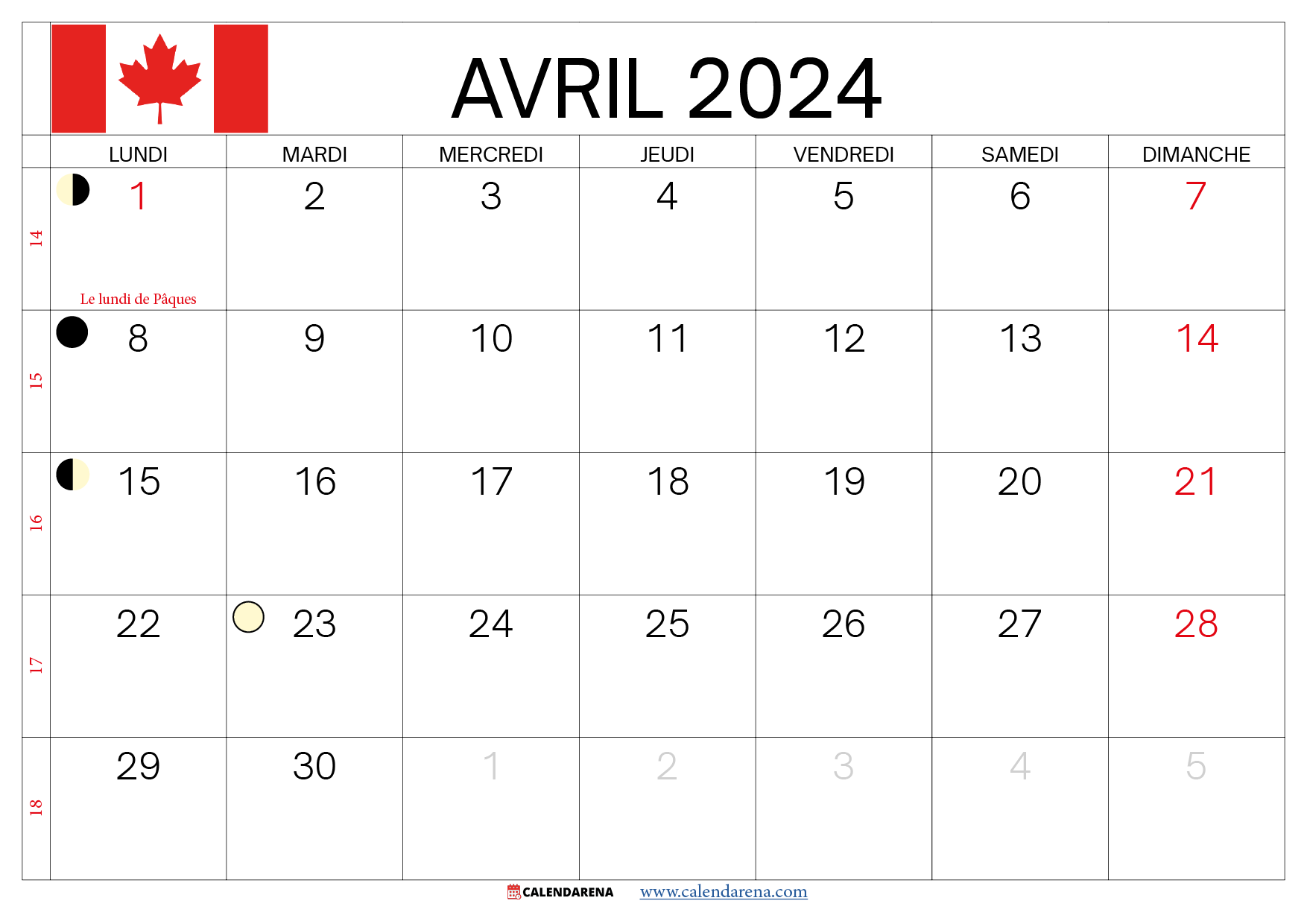 Calendrier Avril 2024 À Imprimer Québec