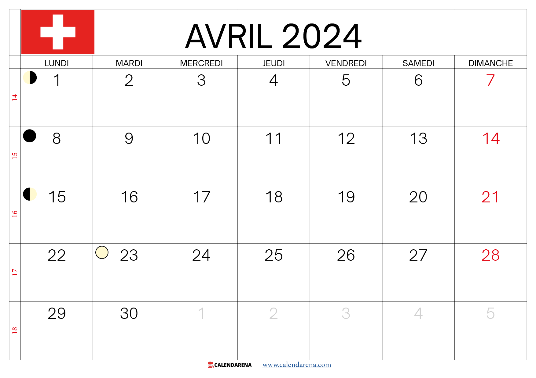 Calendrier Avril 2024 À Imprimer Suisse