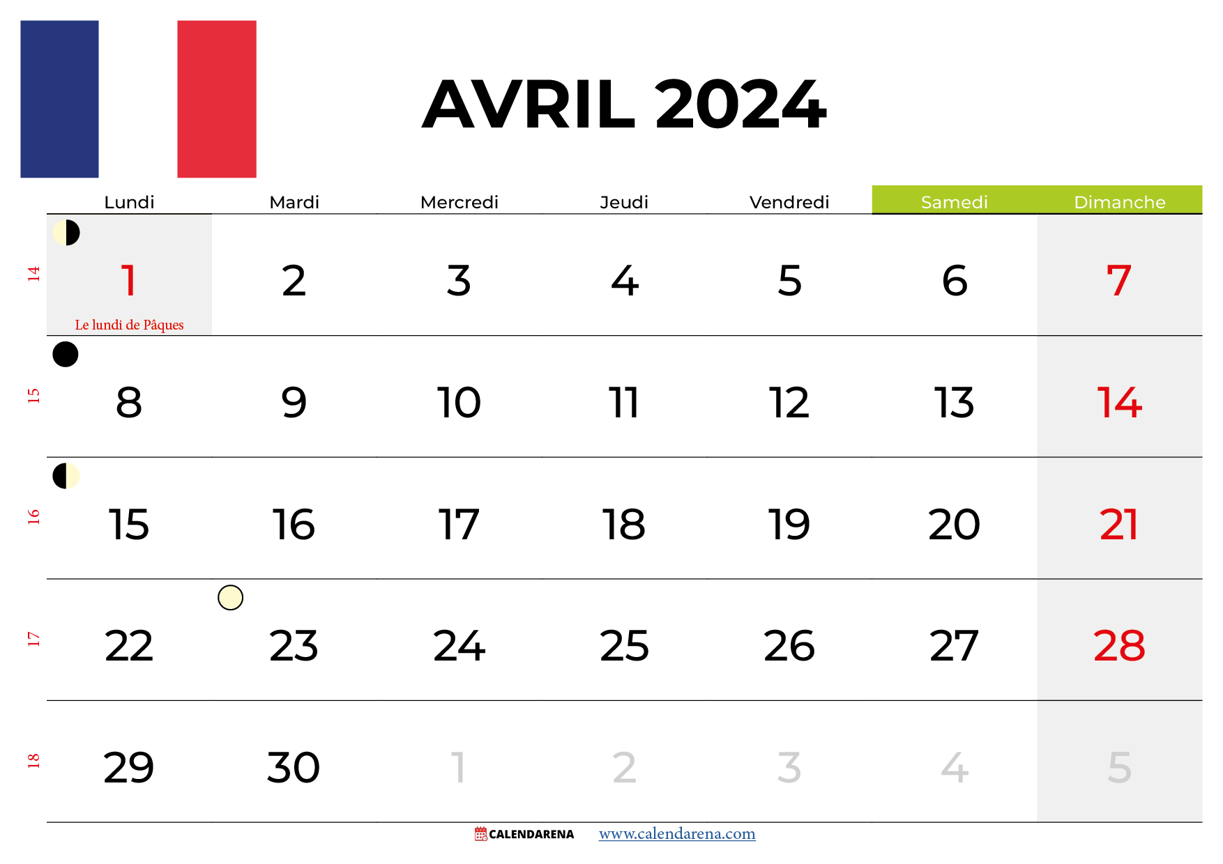 Calendrier Avril 2024 France