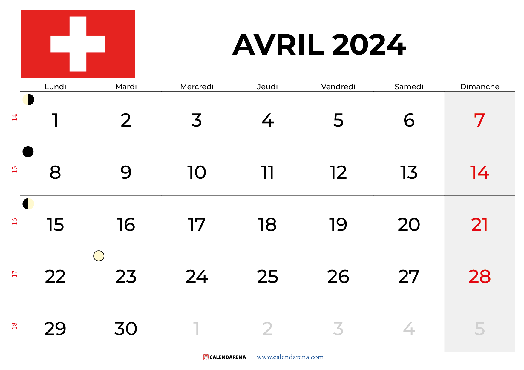 Calendrier Avril 2024 Suisse