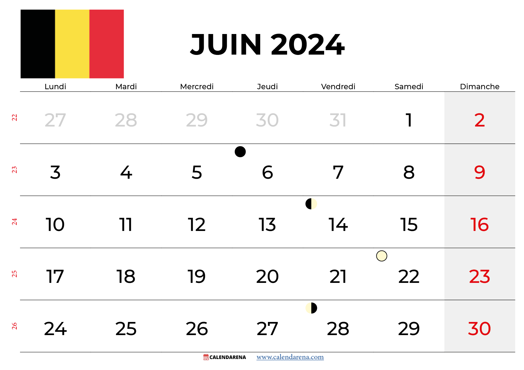 Calendrier Juin 2024 Belgique