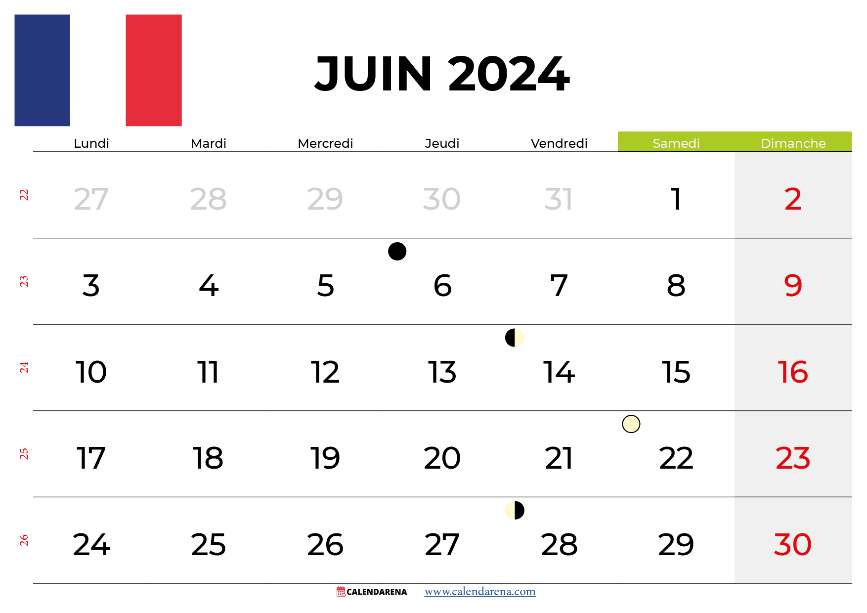 Calendrier Juin 2024 France