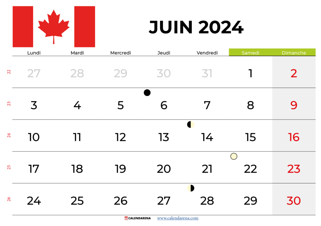 Calendrier Juin 2024 Quebec