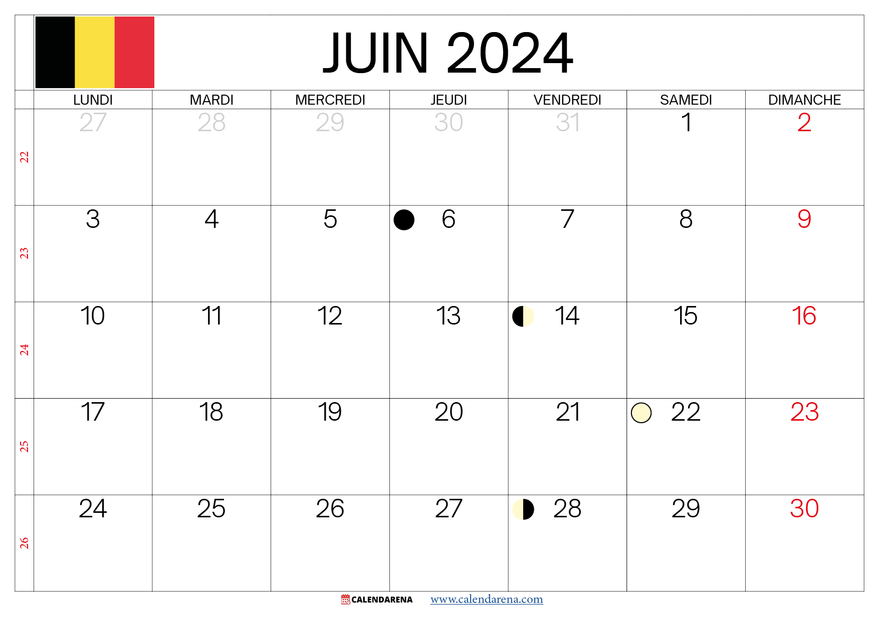 Juin 2024 Calendrier Belgique