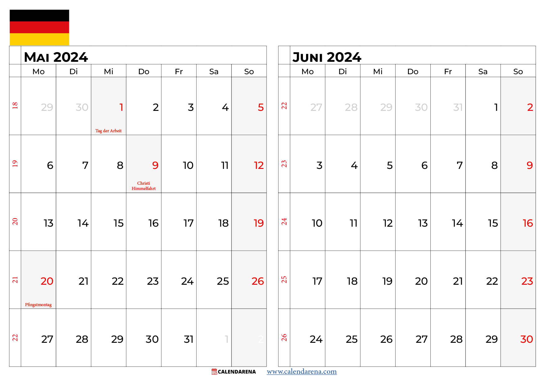 Kalender Mai Juni 2024 Deutschland