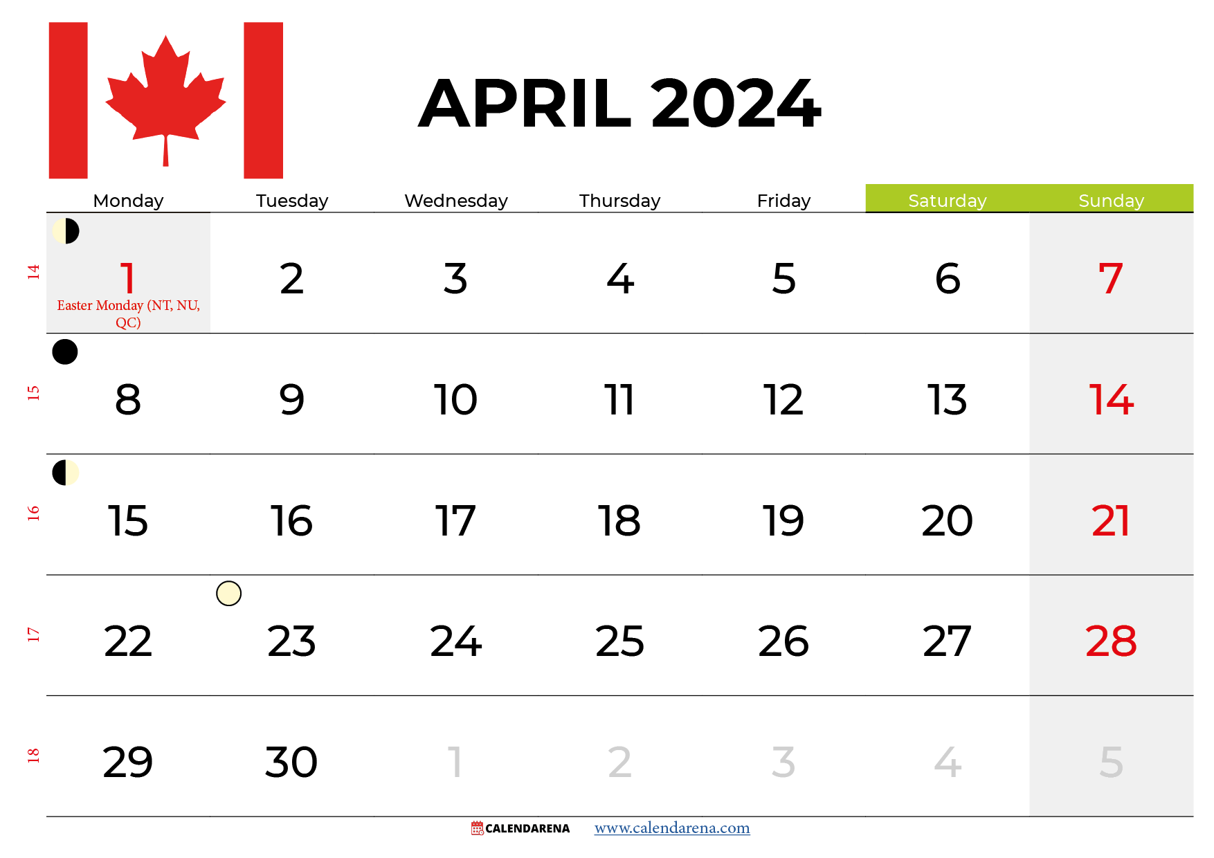 april 2024 calendar canada