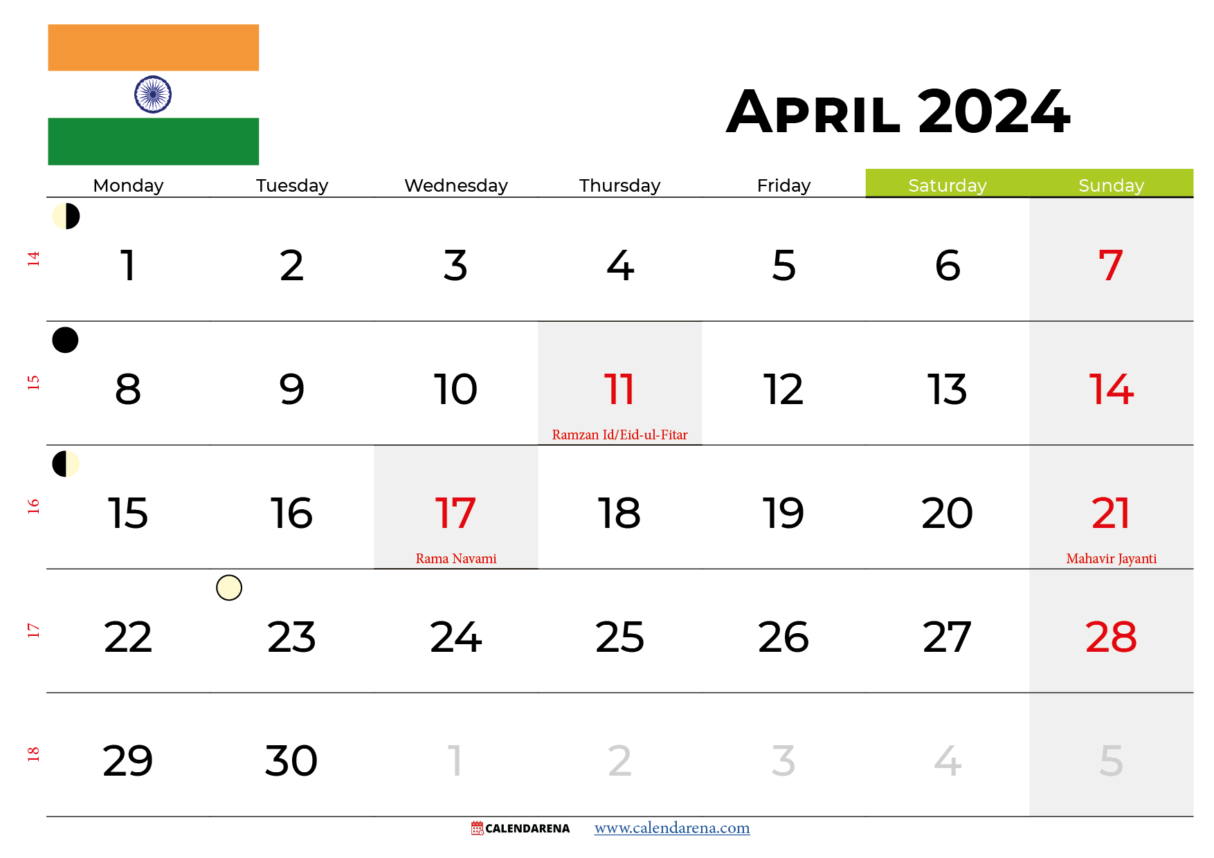 april 2024 calendar india