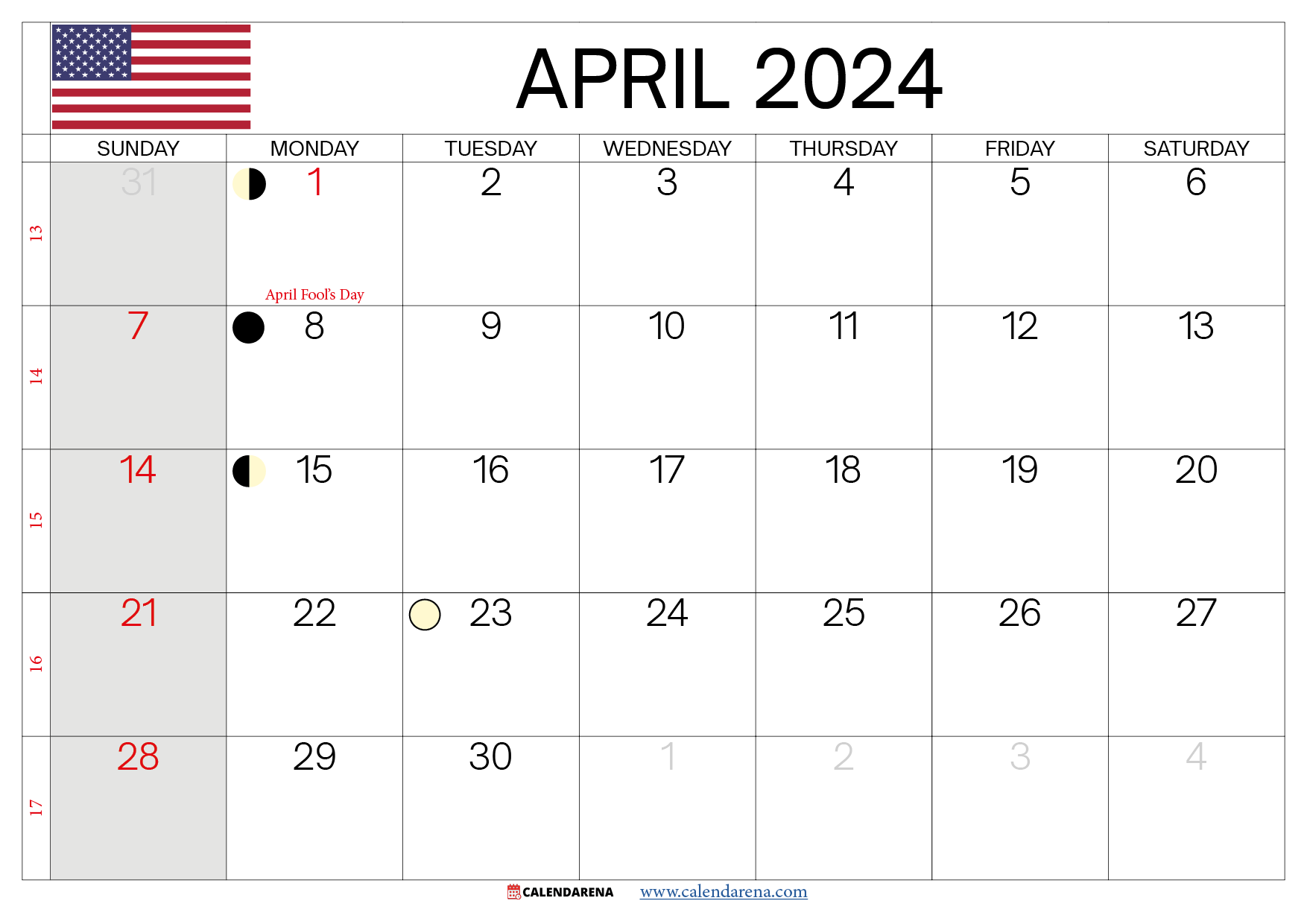 april 2024 calendar with holidays USA