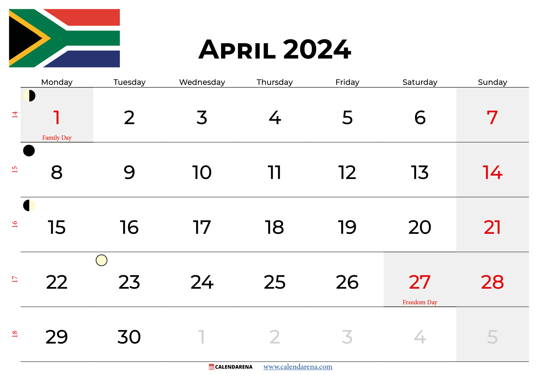april 2024 calendar with holidays south africa