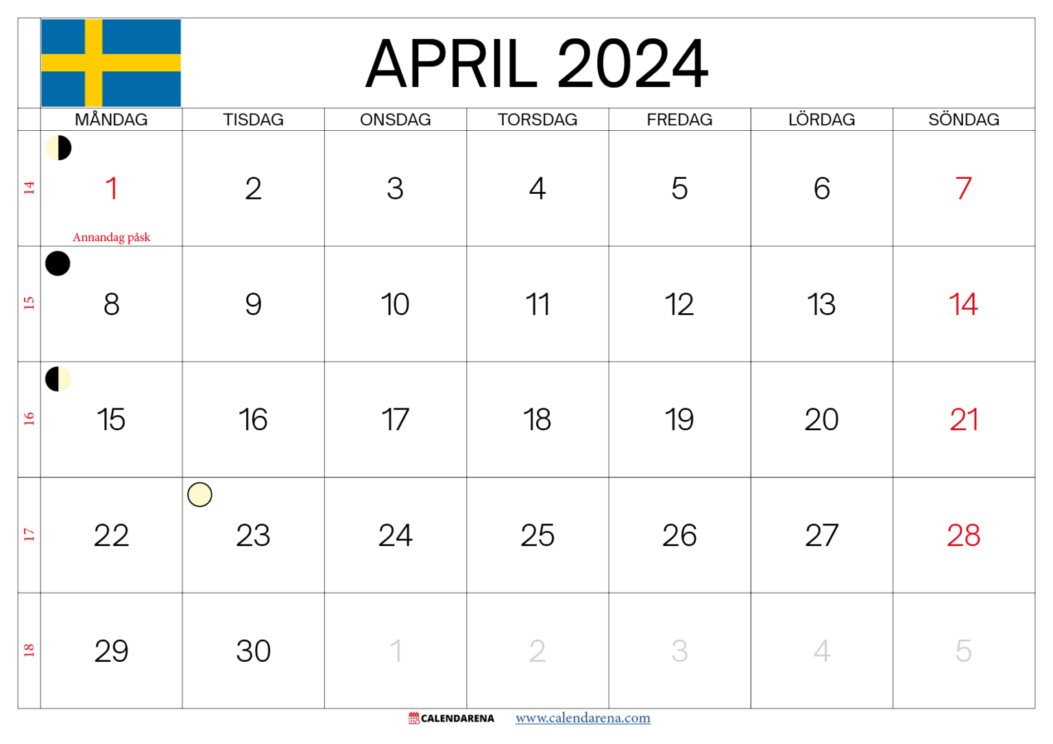 Kalender April 2024 Sverige