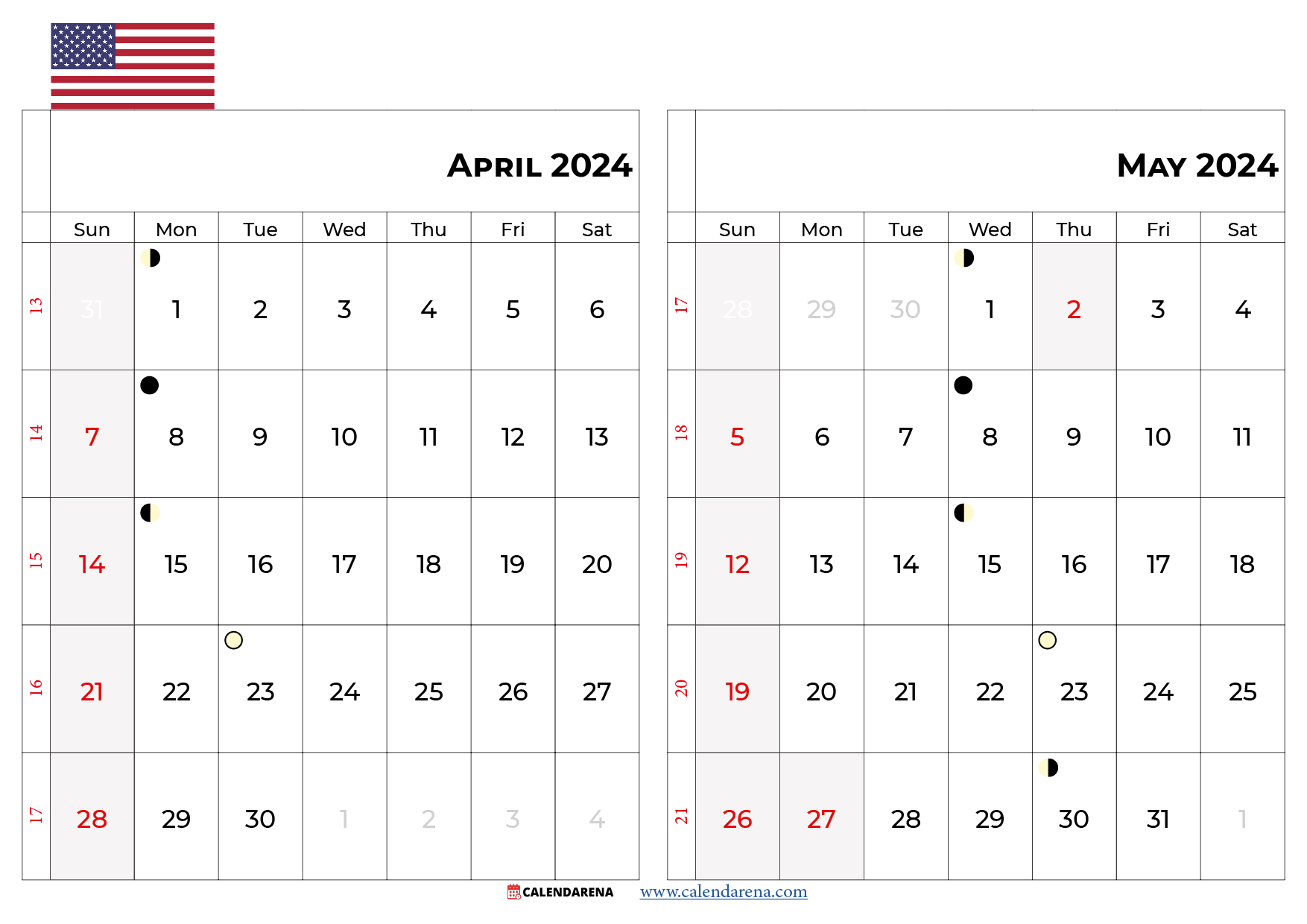 april and may 2024 calendar USA