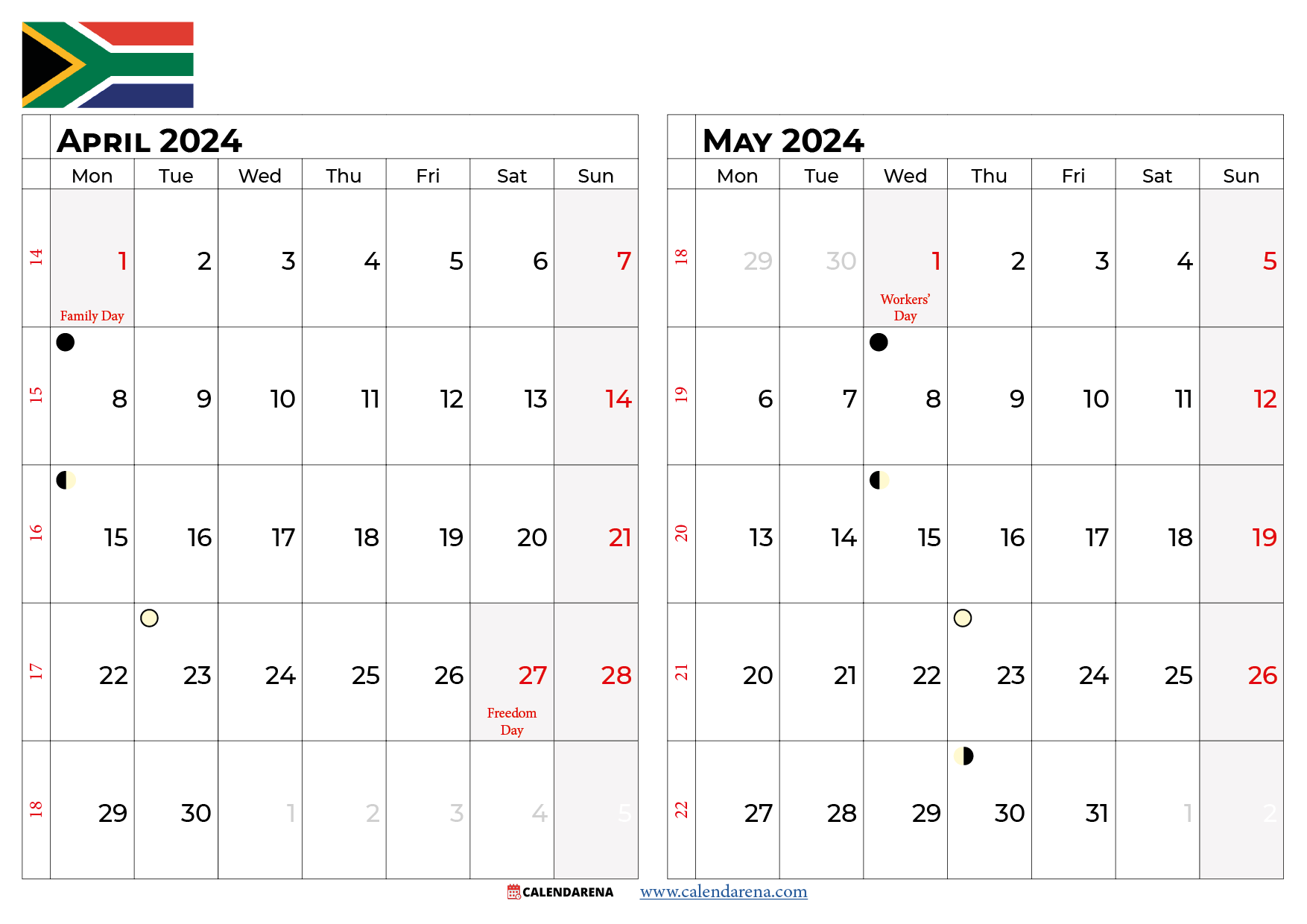 april and may 2024 calendar south africa