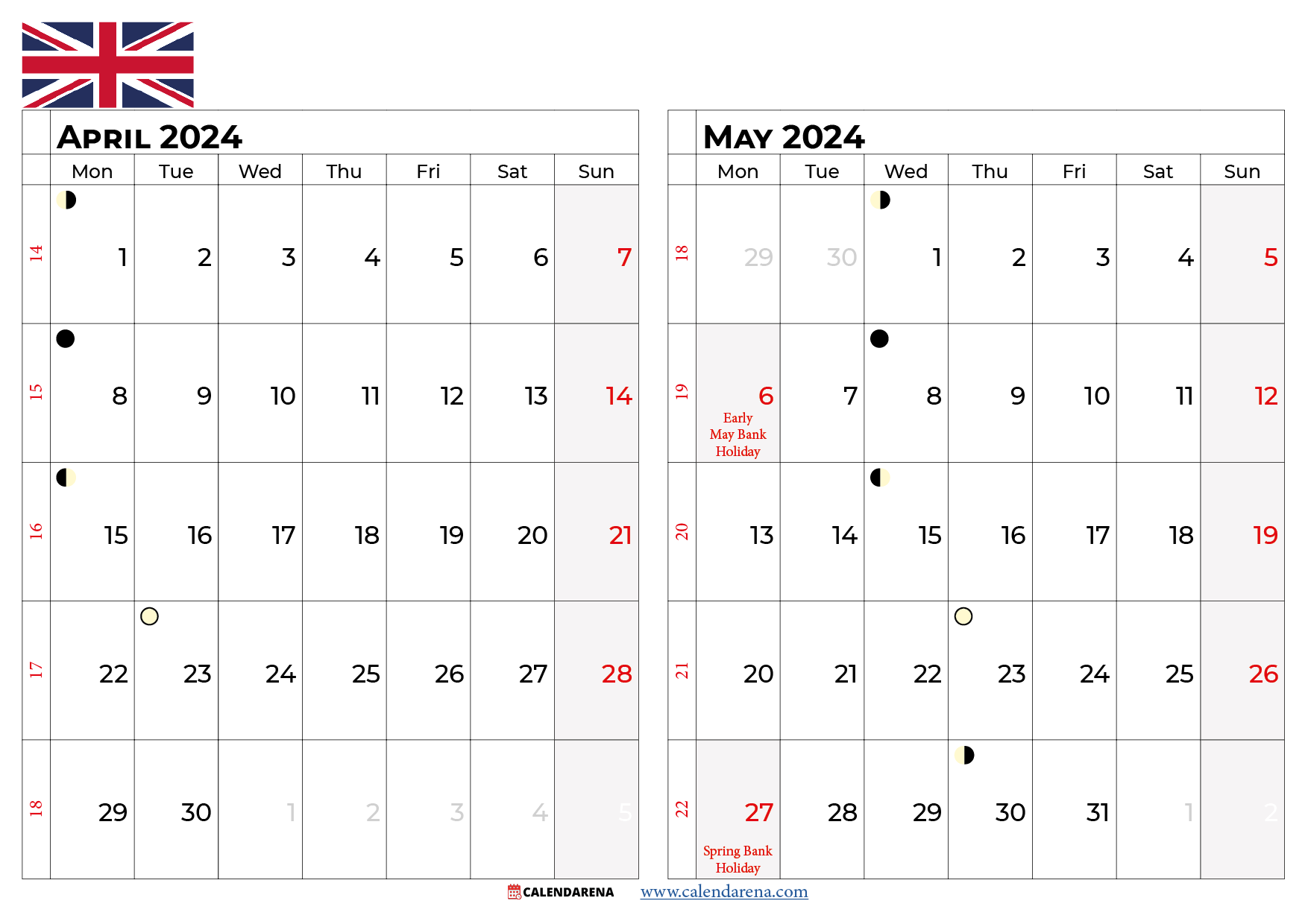 april and may 2024 calendar uk