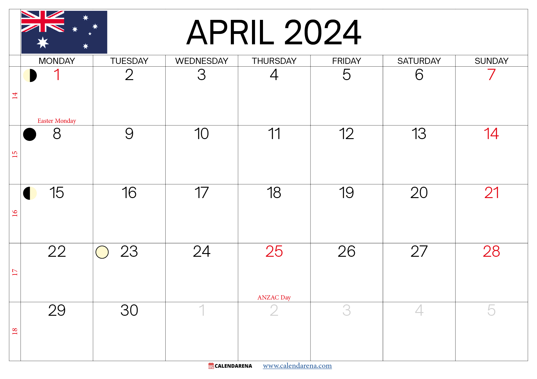 april calendar 2024 Australia