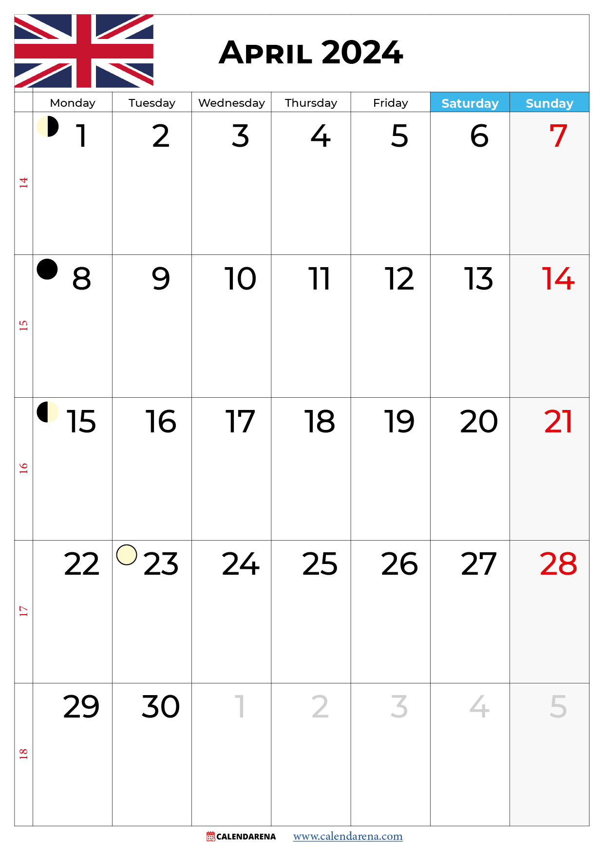 april calendar 2024 with holidays Uk