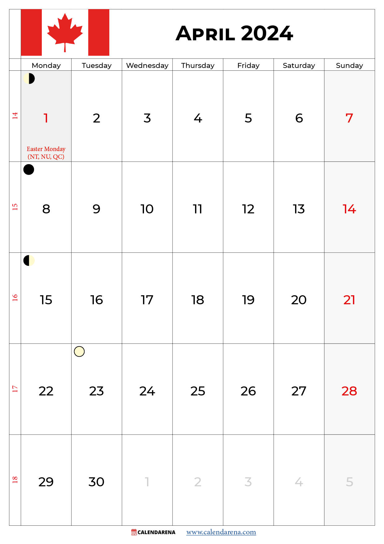 april calendar 2024 with holidays canada
