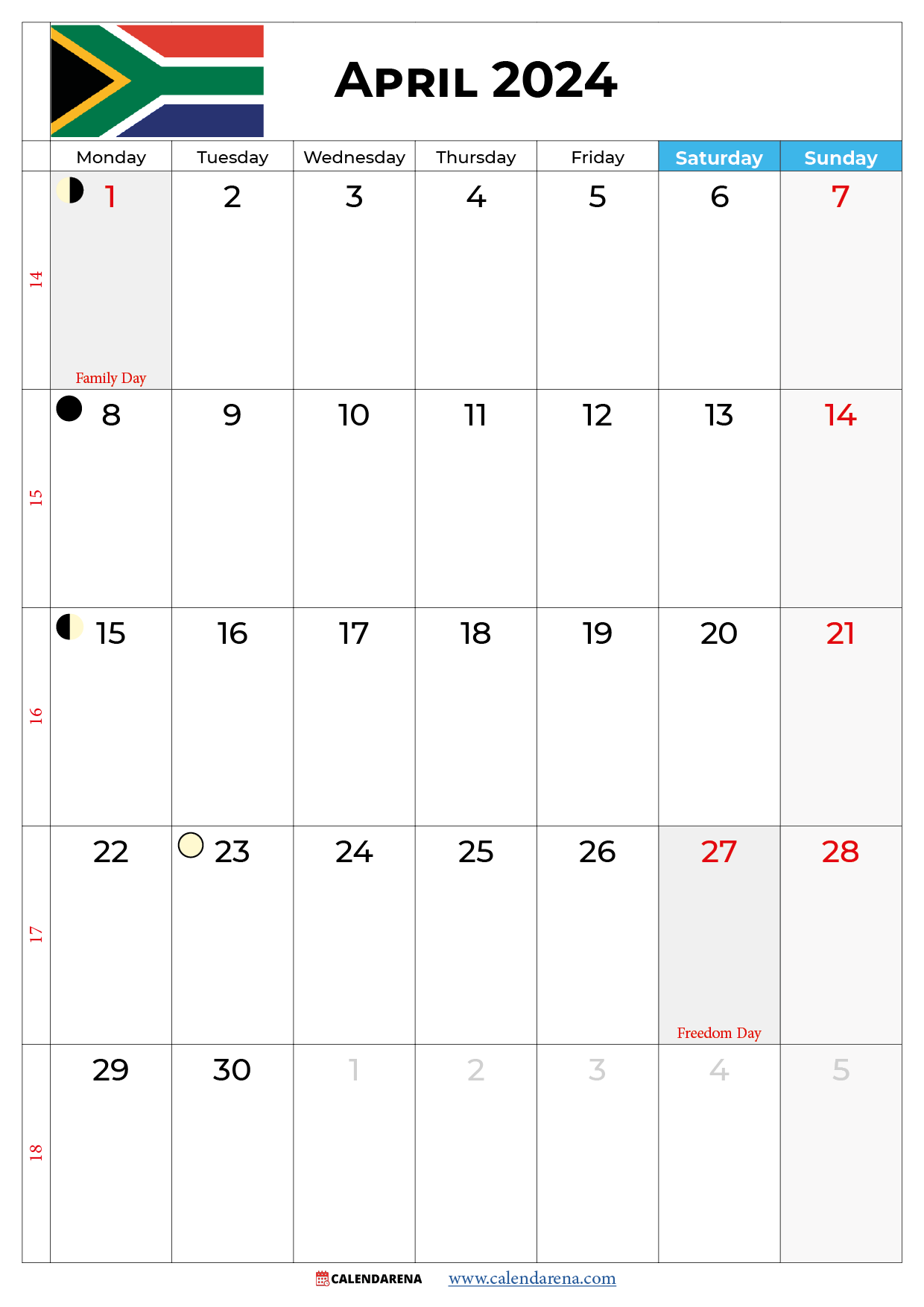 april calendar 2024 with holidays south africa