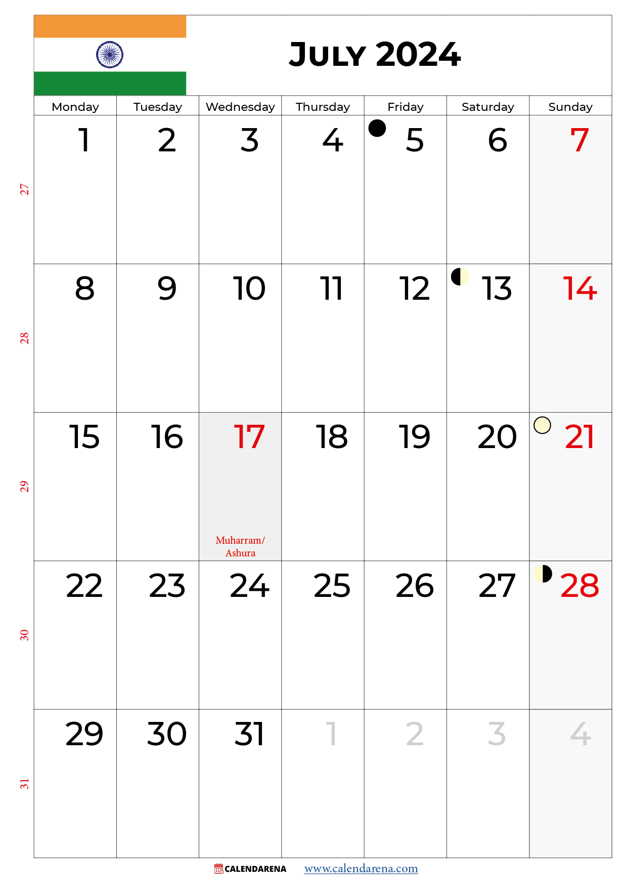calendar 2024 july india