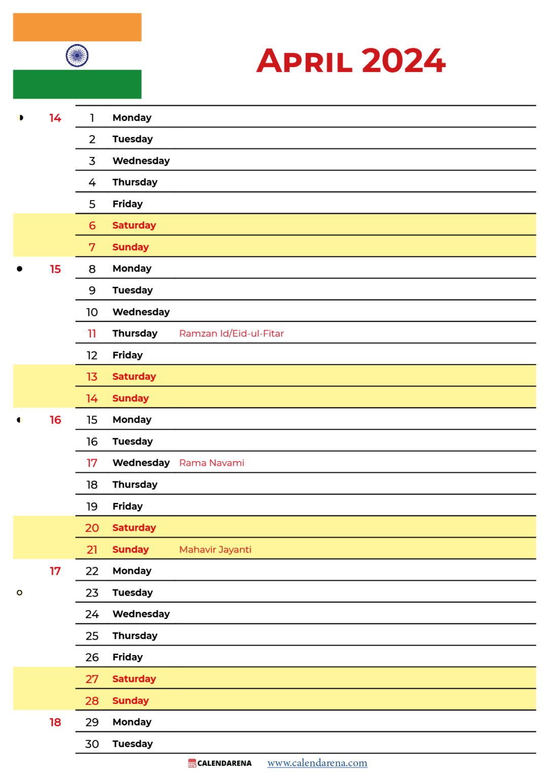 April 2024 Calendar India With Holidays