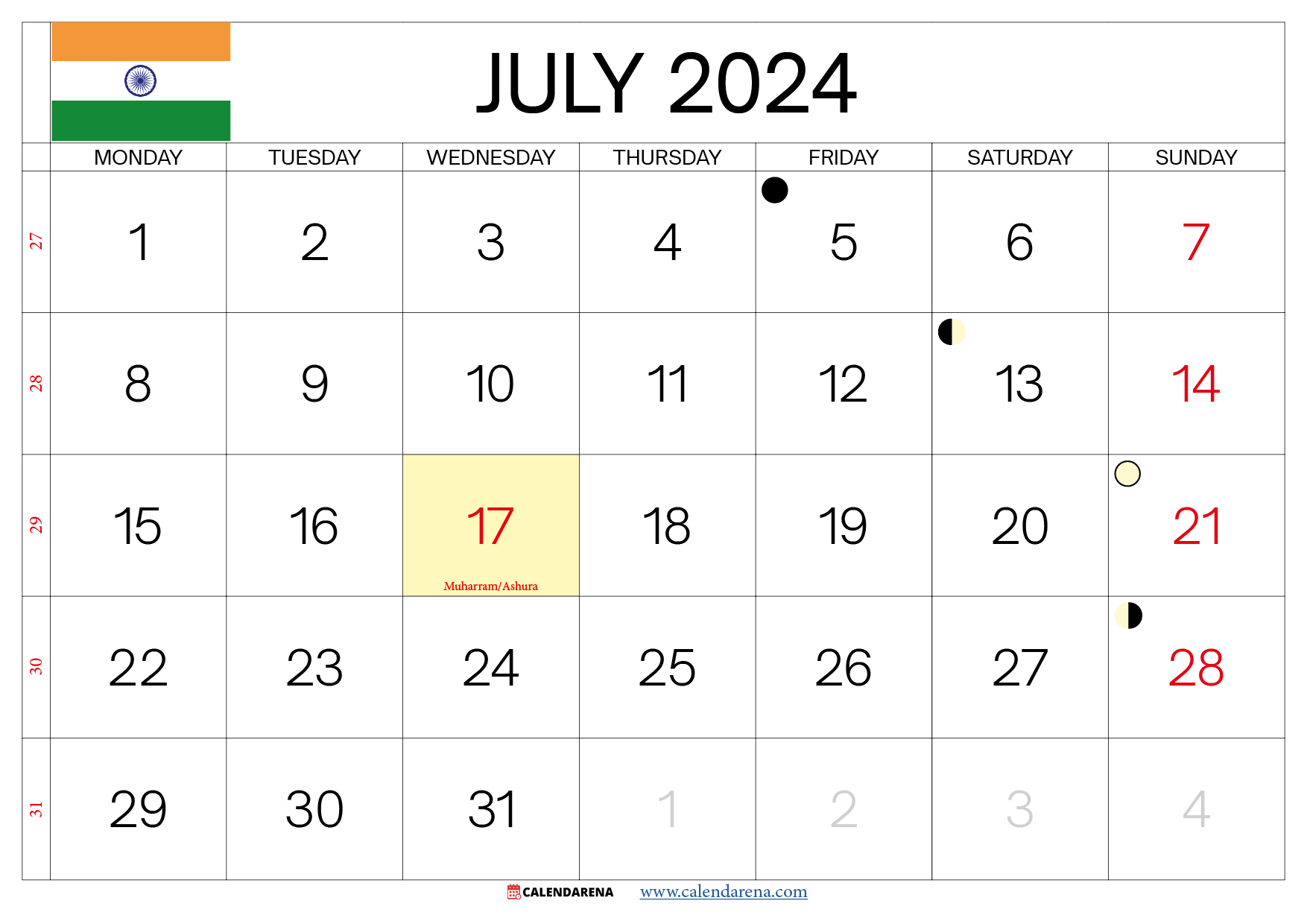 calendar july 2024 india