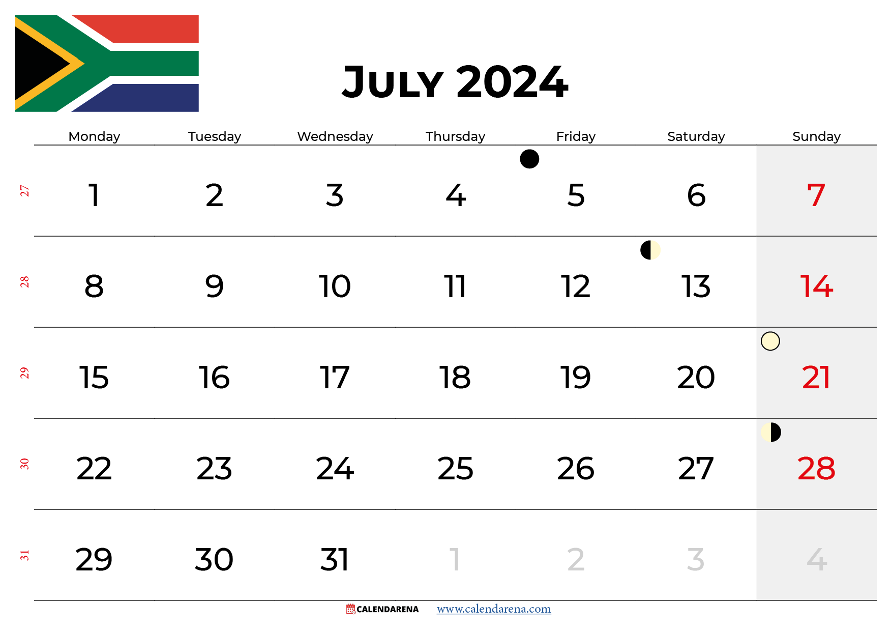 calendar july 2024 south africa