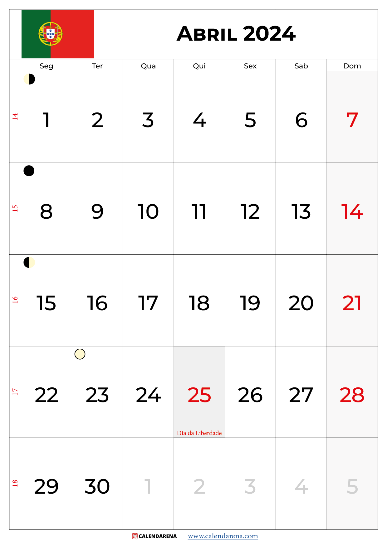calendário abril 2024 com feriados Portugal