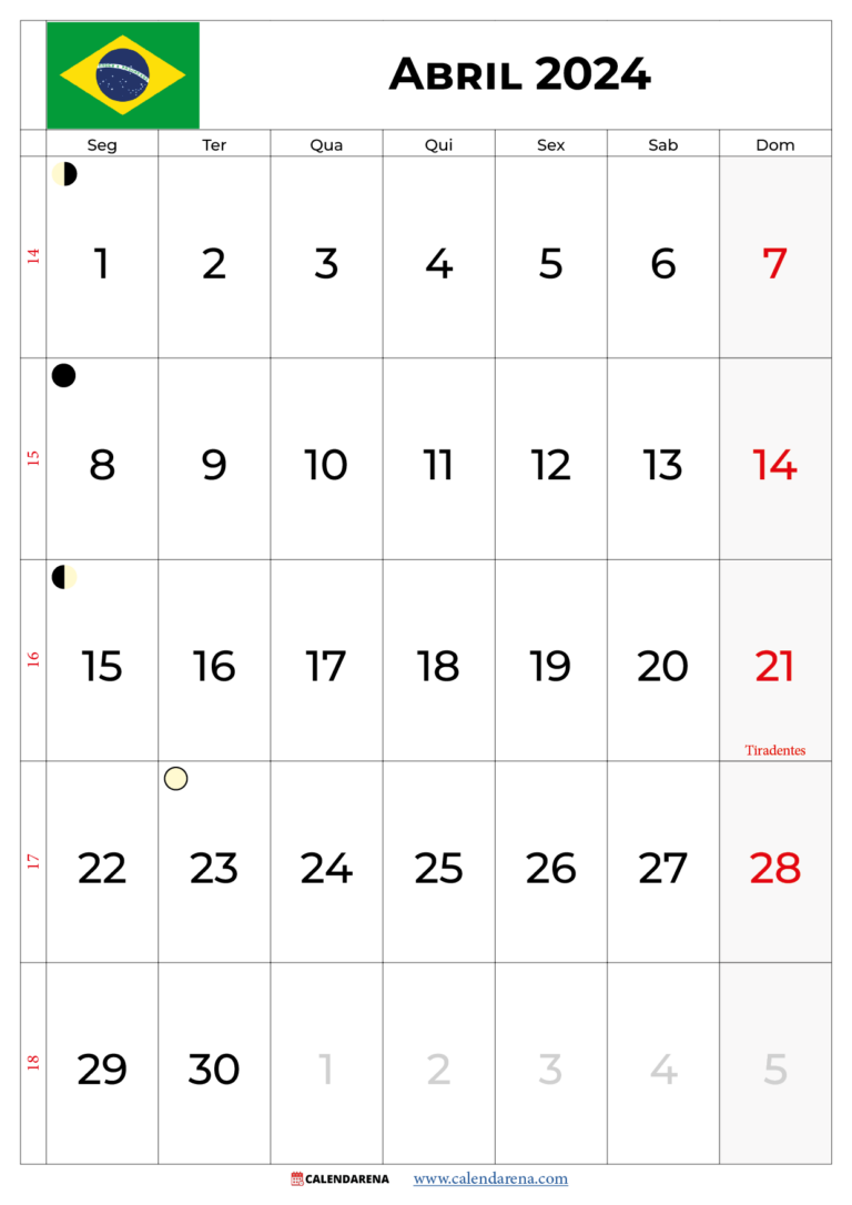Calendário Abril 2024 Brasil