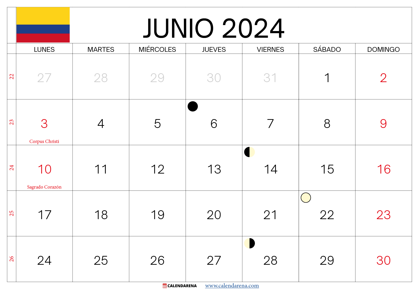 calendario de junio 2024 colombia