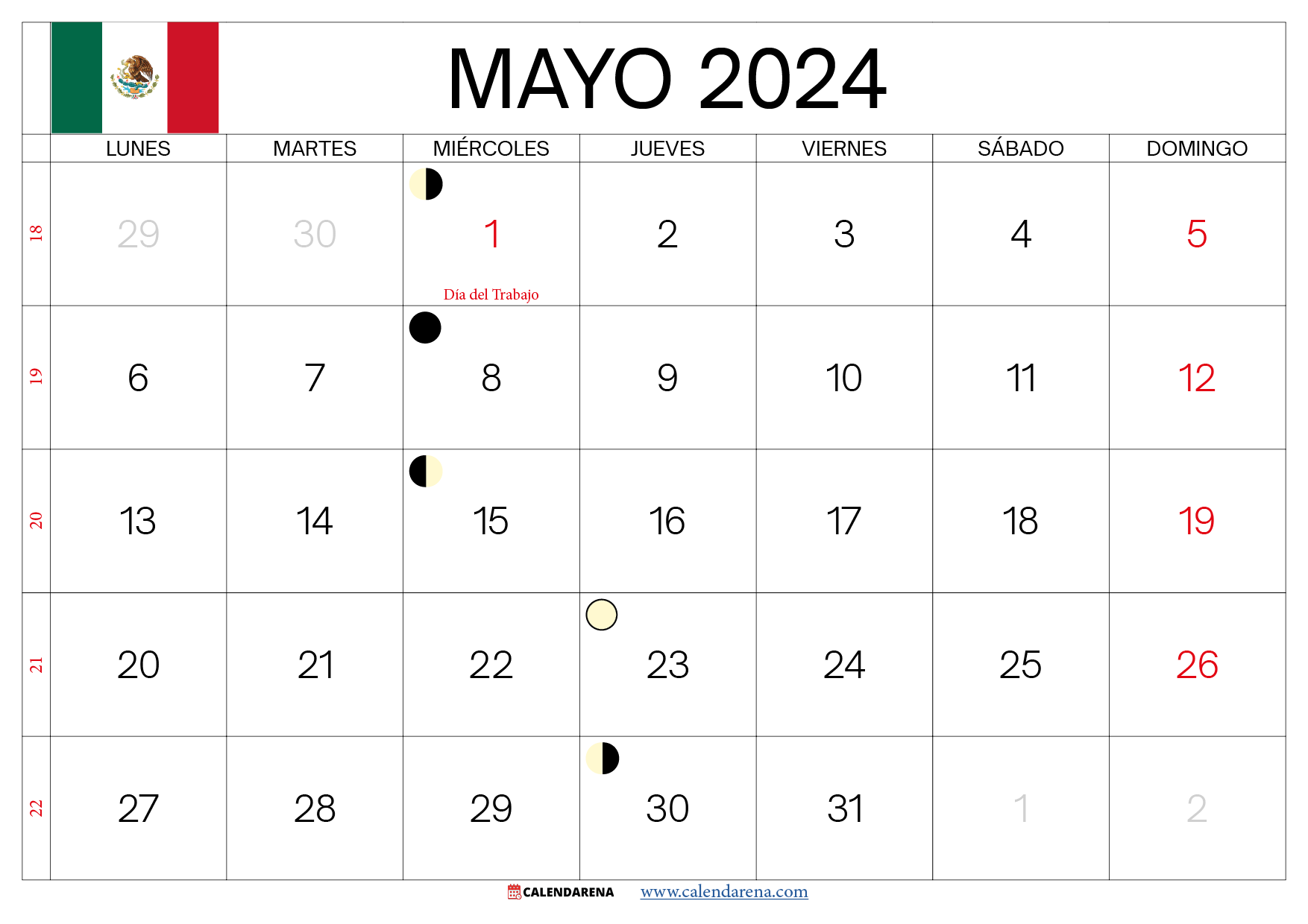 calendario de mayo 2024 méxico