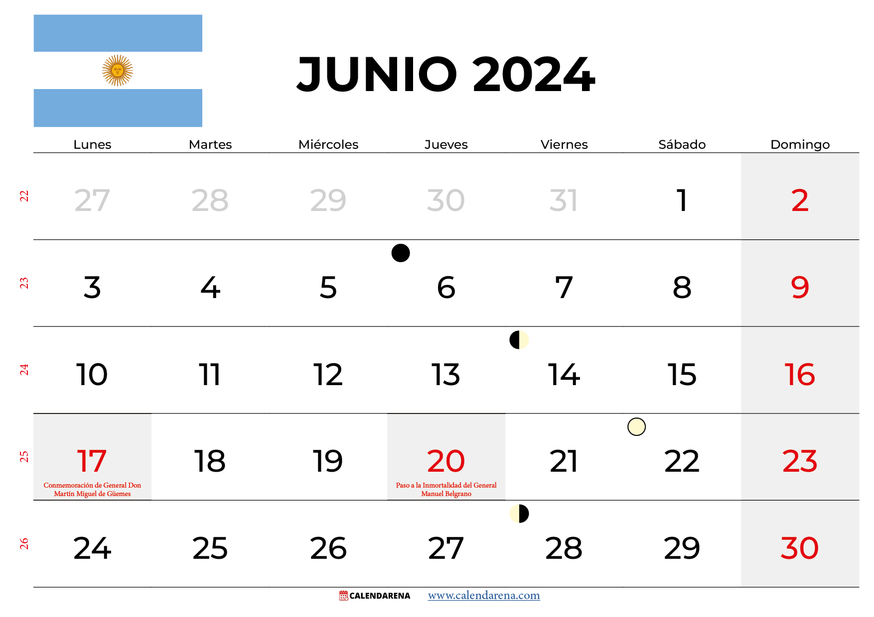calendario junio 2024 argentina
