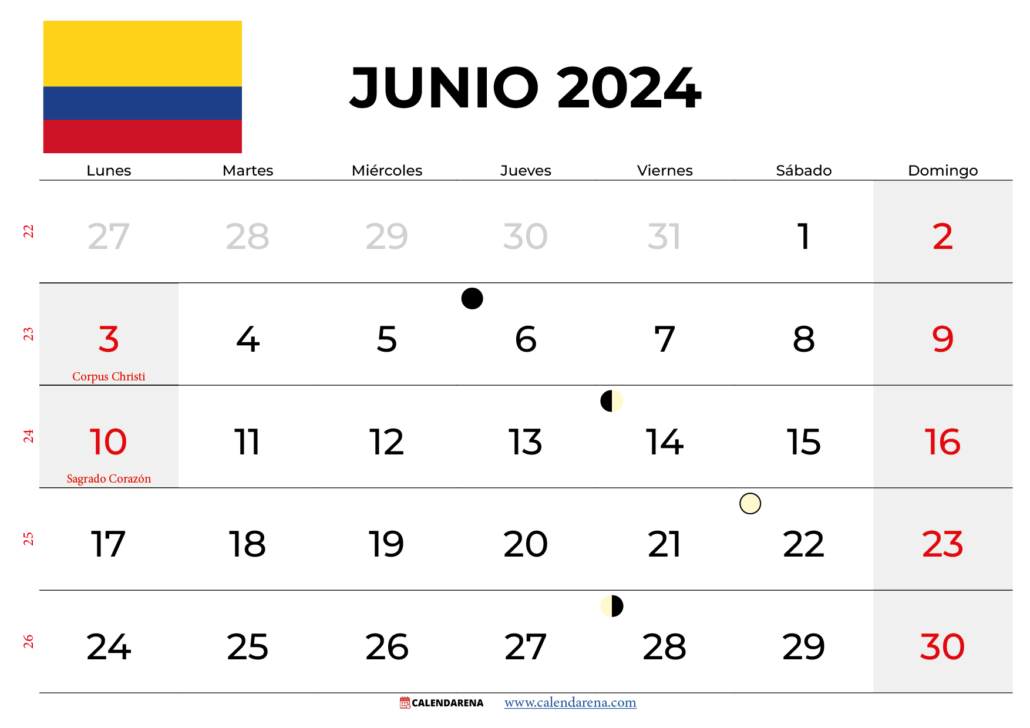 Calendario Junio 2024 Colombia Para Imprimir