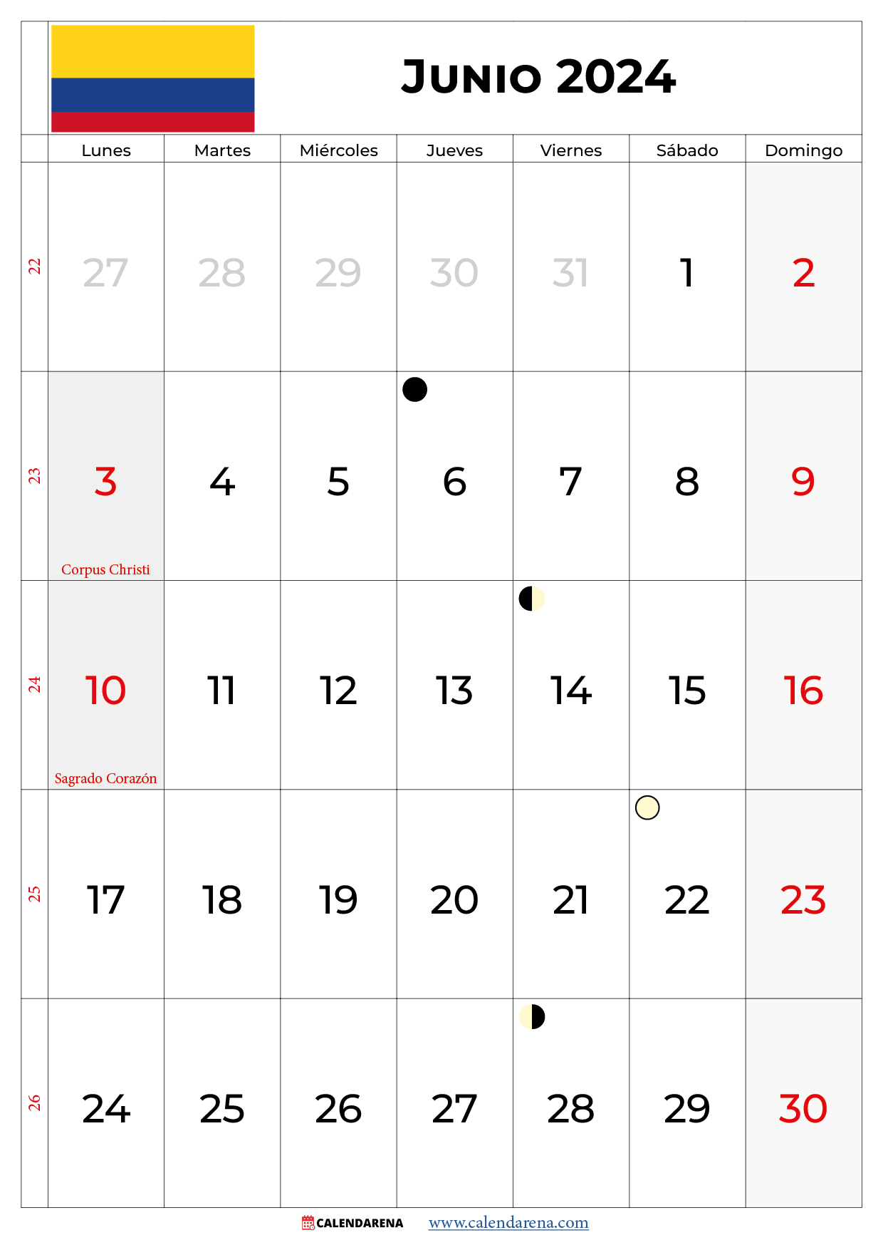 calendario junio 2024 con festivos colombia