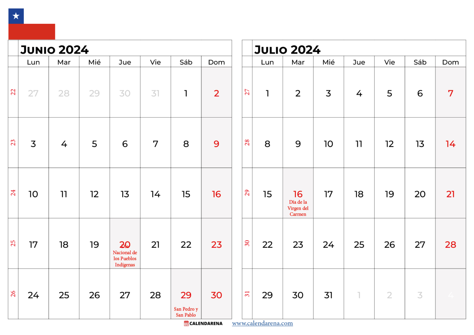 Calendario Junio 2024 Chile Para Imprimir