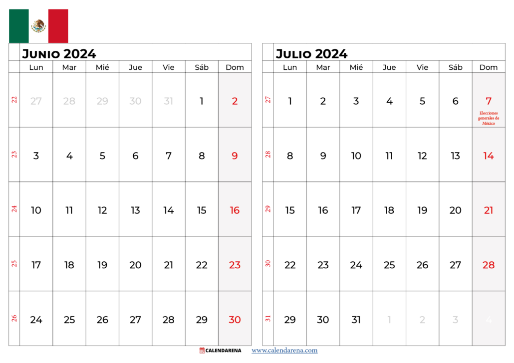 Calendario Julio 2024 México Para Imprimir