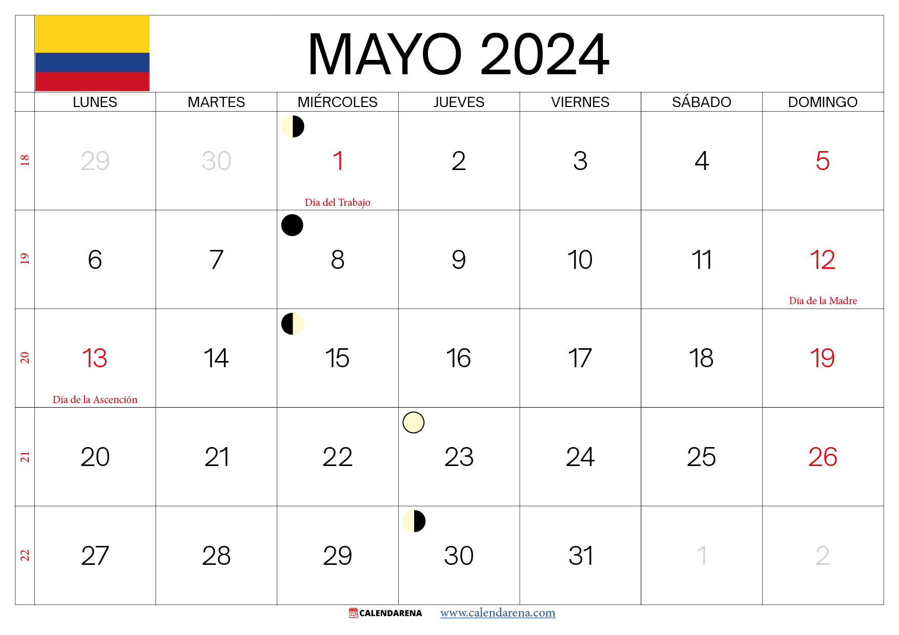 calendario mayo 2024 con festivos colombia