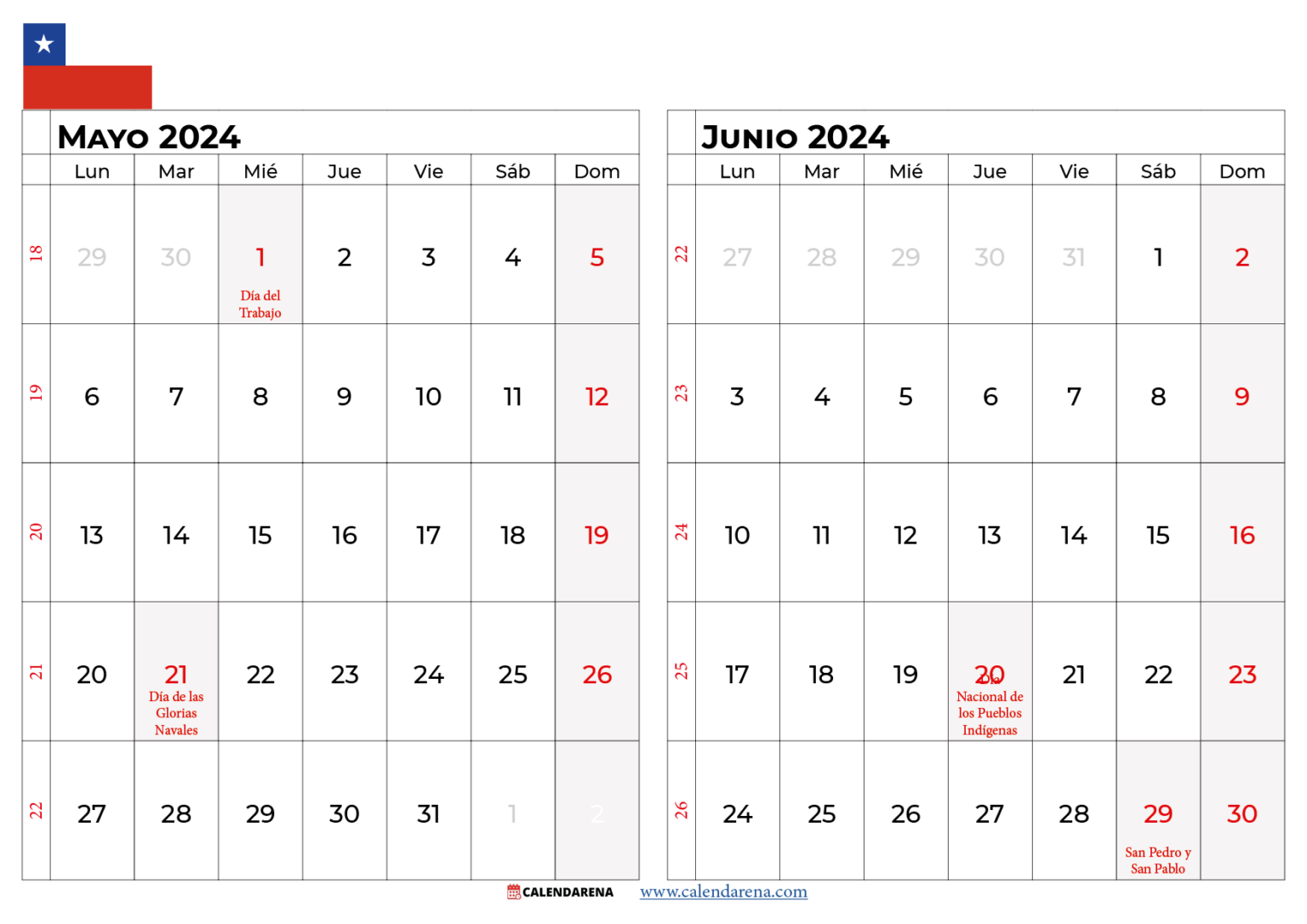 Calendario Mayó 2024 Chile