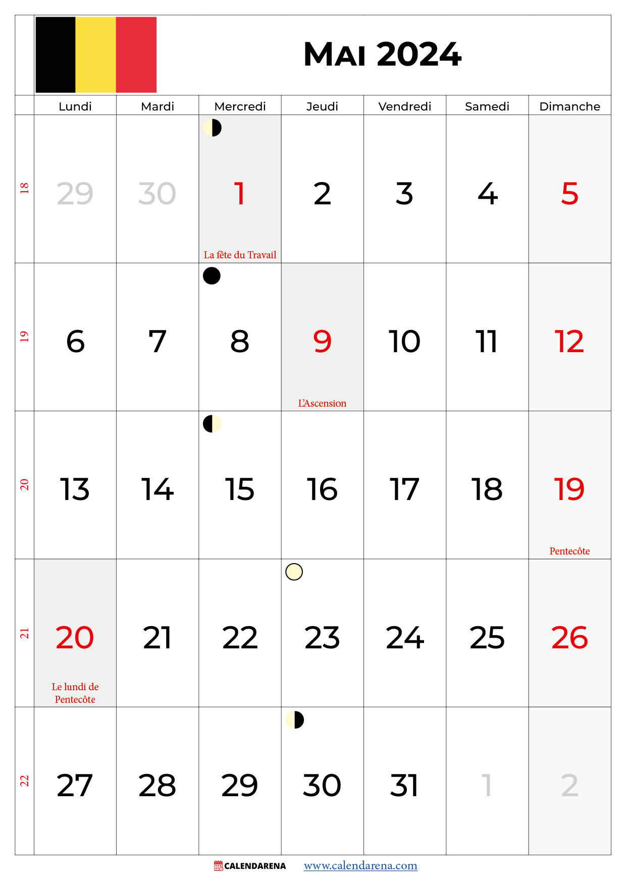 calendrier 2024 mai Belgique