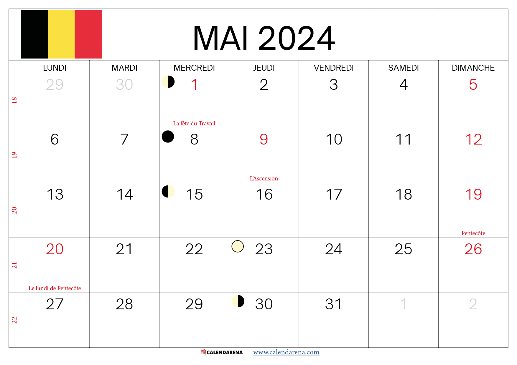 calendrier mai 2024 Belgique