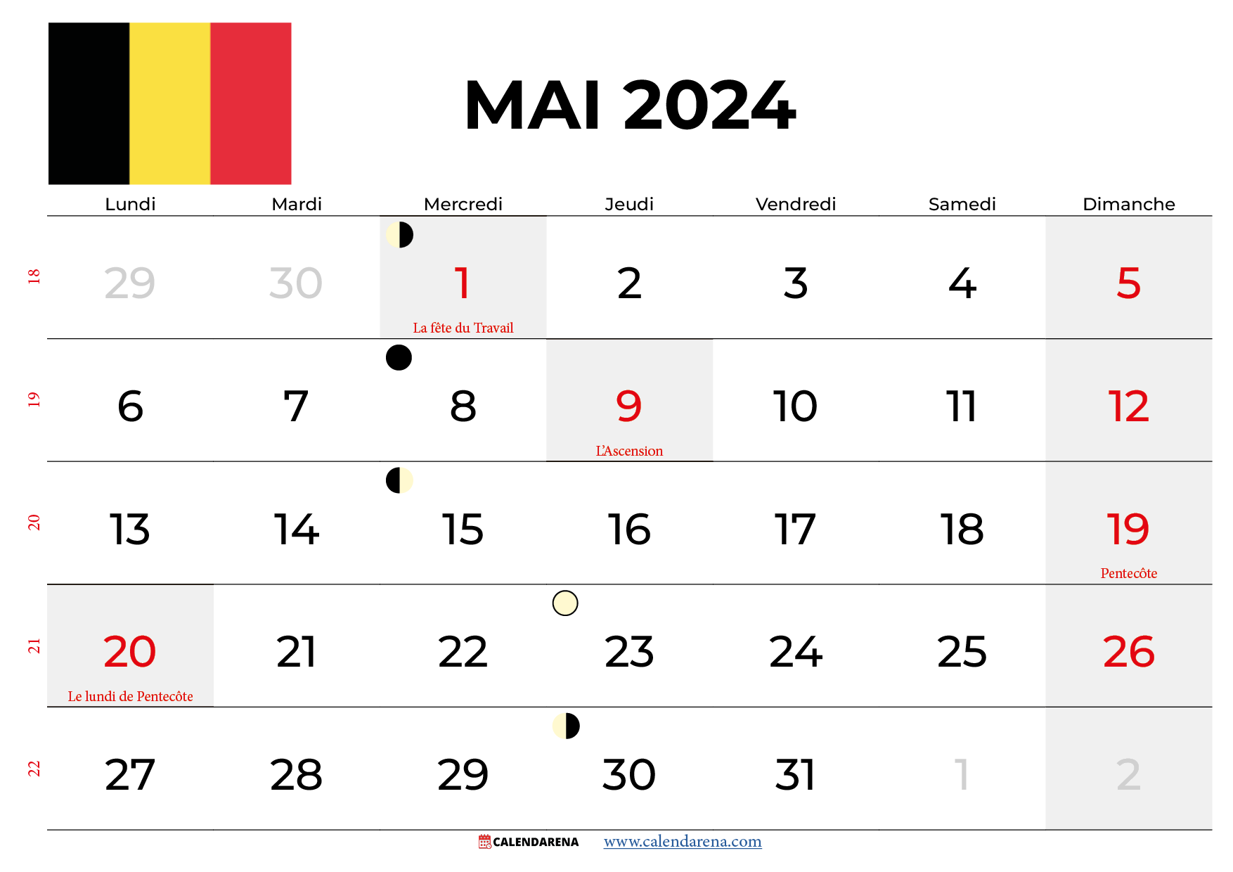 calendrier mai 2024 à imprimer Belgique