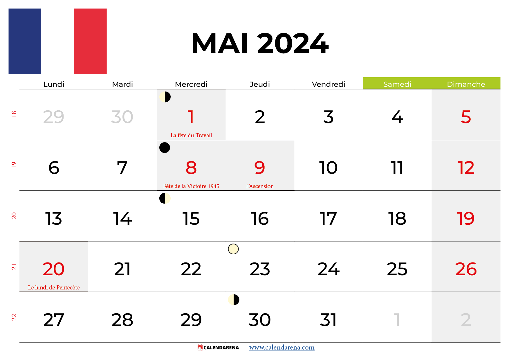 calendrier mai 2024 à imprimer France