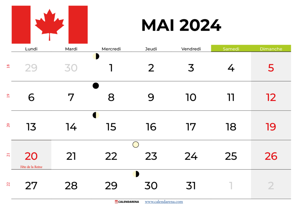 Calendrier mai 2024 Québec
