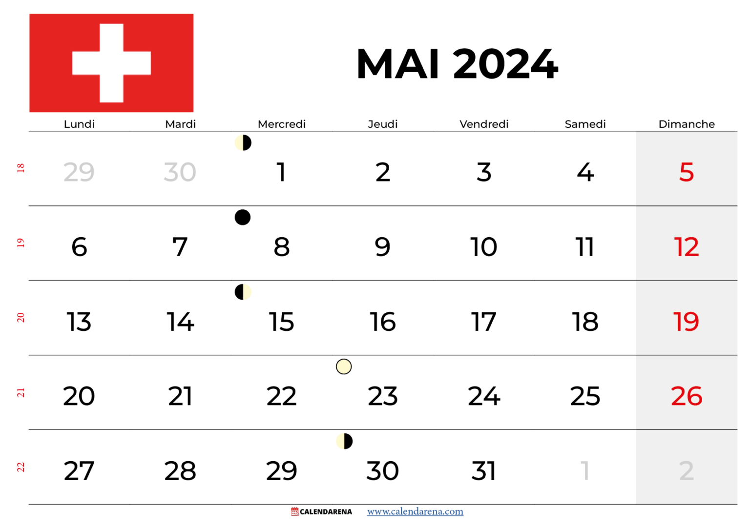 Calendrier Mai 2024 Suisse